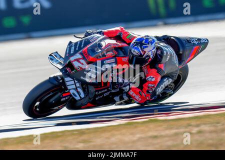 Towcester, UK. 07th Aug, 2022. Maverick VINALES (Spain) of the Aprilia Racing Team during the 2022 Monster Energy Grand Prix MotoGP Warm Up at Silverstone Circuit, Towcester, England on the 7th August 2022. Photo by David Horn. Credit: PRiME Media Images/Alamy Live News Stock Photo