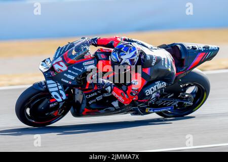 Towcester, UK. 07th Aug, 2022. Maverick VINALES (Spain) of the Aprilia Racing Team during the 2022 Monster Energy Grand Prix MotoGP Warm Up at Silverstone Circuit, Towcester, England on the 7th August 2022. Photo by David Horn. Credit: PRiME Media Images/Alamy Live News Stock Photo