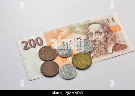 paper money and coins of Czech Republic with portrait of John Amos Comenius teacher, educator and writer Stock Photo