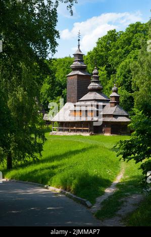 Ancient wooden church in Pirogovo open-air museum. Ukraine Stock Photo