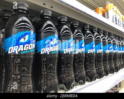 26.07.2022 Ukraine, Kharkiv, a shelf with an energy drink Dragon in a plastic bottle Stock Photo