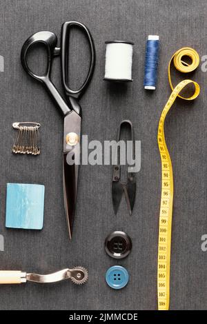 Top view tailoring items arrangement Stock Photo