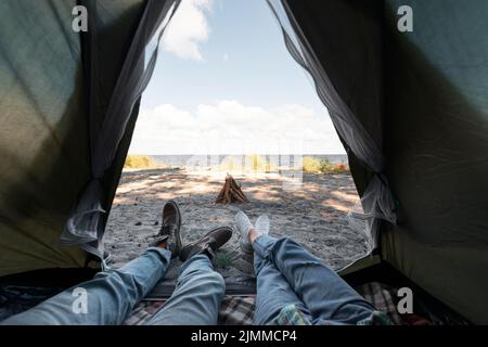 Inside tent with outside view Stock Photo