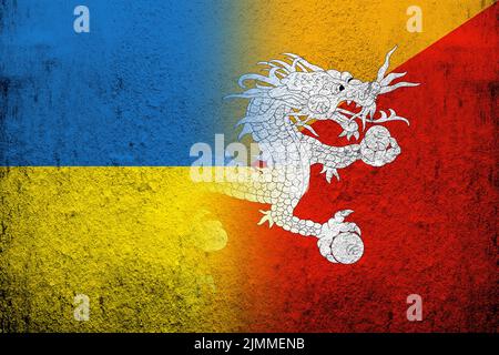 Kingdom of Bhutan National flag with National flag of Ukraine. Grunge background Stock Photo