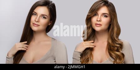 Result of makeover. Woman with a beautiful hair after dyeing and styling. Stock Photo