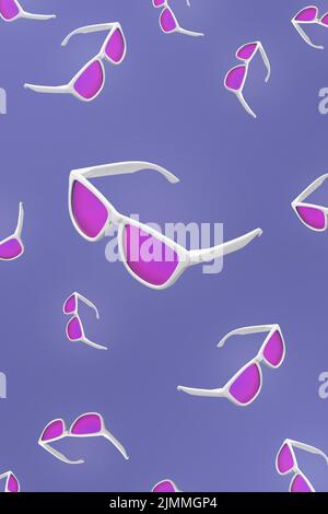 Vertical pattern of purple sunglasses floating over Very Peri background. Studio shot of modern sunglasses on colorful background. Stock Photo