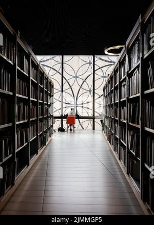 Student in dark moody modern library studying alone. Stock Photo