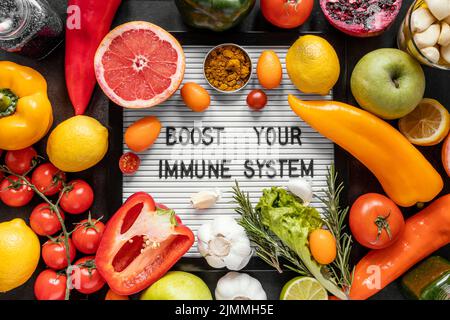 Flat lay assortment healthy food immunity boosting Stock Photo