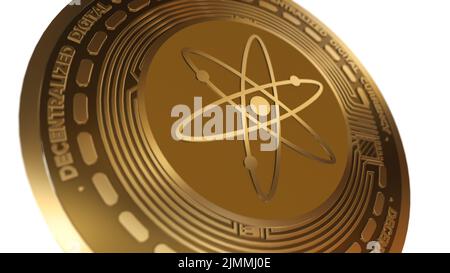 Golden Cryptocurrency of Cosmos ATOM Sign Isolated on a White Background Stock Photo