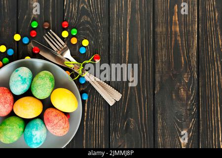 Eggs near cutlery sweets Stock Photo