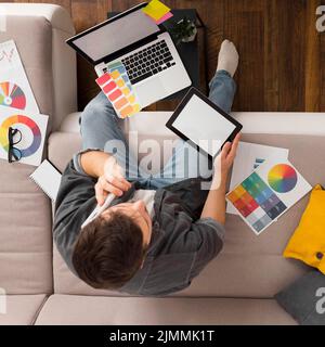Top view casual male working from home Stock Photo