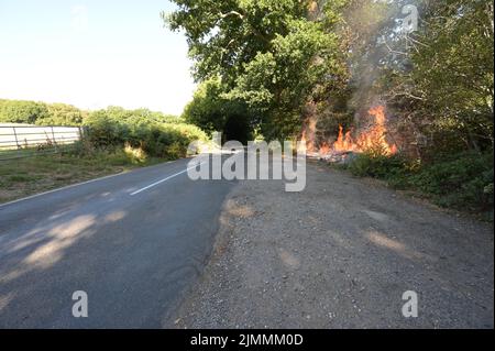 A wildfire by the side of the road in Ardingly, West Sussex during the drought condition's of the summer on the 07th August 2022 Stock Photo