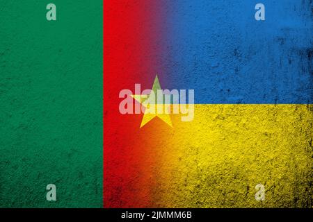 The Republic of Cameroon National flag with National flag of Ukraine. Grunge background Stock Photo