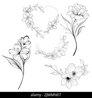 Big set Flowers Periwinkle. Hand drawing. Outline. On a white background. Beautiful sketch of a tattoo - a delicate twig with flowers. botany design e Stock Photo