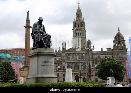 George Square, Glasgow, Scotland, UK. Statue of James Watt seated on a plinth. The statue of Watt was designed by Chantrey, and erected in 1832. It is one of the few statues in the square to have remained in its original position, and was paid for by public subscription. Watt's major achievement was to introduce steam engines with a separate condenser. This made them faster, safer, and more economical, resulting in steam overtaking water-power as the main source of energy. , he created the term 'horsepower', and he also invented the rev. counter Stock Photo
