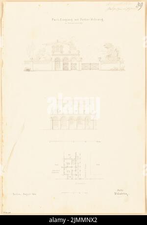 Unknown architect, park entrance with porters. Monthly competition in August 1860 (08.1860): floor plan, breakdown of street view, park view; 2 scale strips. Ink on paper, 47.1 x 32.3 cm (including scan edges) Stock Photo