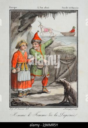 Homme & Femme de la Laponie. An early image of a native laplander man's & women's summer seasons garments. A colourful wool clothes and  hats. A fishi Stock Photo