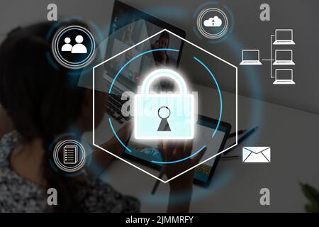 Personal Data Protection Act or PDPA concept. Businessmen use a phone with fingerprint scanning concept. Shield with lock icon on screen, futuristic Stock Photo