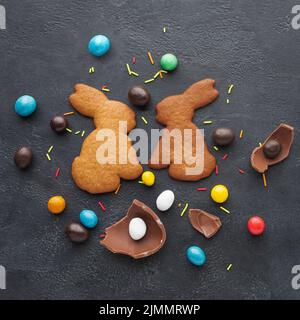 Top view bunny shaped cookies easter candy Stock Photo