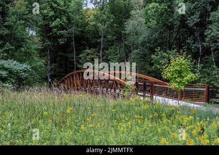 No. 1 bridge on the Swedish Immigrant Regional Trail; a walking and biking trail that runs from Taylors Falls to Shafer, Minnesota USA. Goldenrod. Stock Photo