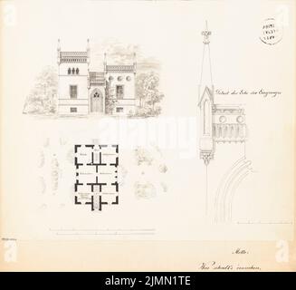 Unknown architect, gardener house in a princely park. Monthly competition March 1861 (03.1861): floor plan, torture front view, detail: Dacxhriter at the entrance; 3 scale strips. Ink on paper, 36.2 x 39.5 cm (including scan edges) Stock Photo