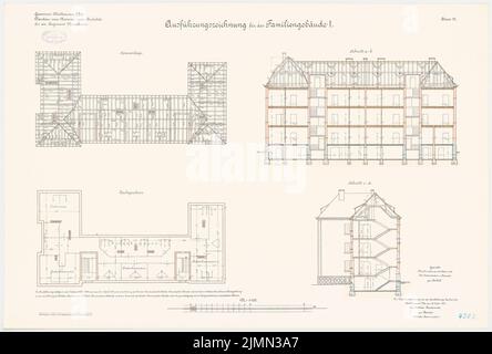 Benda, cavalry barracks in Mülhausen (1906-1908): Family residential building I: floor plan attic, rafters, longitudinal section, cross-section 1: 100. Lithograph, 61.3 x 90.8 cm (including scan edges) Stock Photo