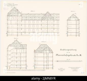 Benda, cavalry barracks in Mülhausen (1906-1908): Team building II. And III: Longitudinal section, cross section 1: 100. Lithograph, 71.3 x 81.2 cm (including scan edges) Stock Photo