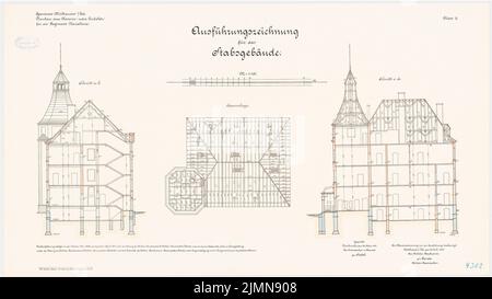 Benda, cavalry barracks in Mülhausen (1906-1908): Stab building: floor plan rafters, longitudinal section, cross-section 1: 100. Lithograph, 50.9 x 90.7 cm (including scan edges) Stock Photo