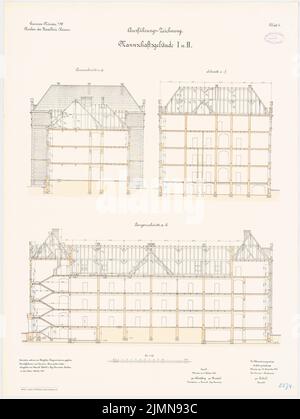 Rokohl, cavalry barracks in Münster (1898-1901): team building I and II: longitudinal section, cross-sections 1: 100. Lithograph, 88.8 x 66.7 cm (including scan edges) Stock Photo