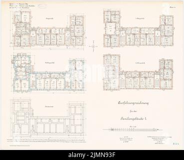 Benda, cavalry barracks in Mülhausen (1906-1908): Family residential building I: Grundriss Fundaments, basement, ground floor, 1st and 2nd floor 1: 100. Lithograph, 73.9 x 90.8 cm (including scan edges) Stock Photo