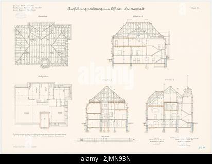 Benda, cavalry barracks in Mülhausen (1906-1908): Officer casino: floor plan attic, rafters, longitudinal section, cross-section 1: 100. Lithograph, 66.1 x 90.9 cm (including scan edges) Stock Photo