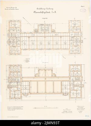 Rokohl, cavalry barracks in Münster (1898-1901): Team building I and II: Grundriss Keller, ground floor 1: 100. Lithograph, 88.7 x 67 cm (including scan edges) Stock Photo