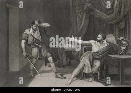 Gaius Marius (ca. 157 BC - 86 BC). Roman general and consul. Marius prisoner at Minturnae. It depicts the attempted execution of the consul Gaius Marius when he was captured in Minturnae. Engraving after a painting by Jean-Germain Drouais. 'Historia Universal', by César Cantú. Volume II, 1854. Stock Photo