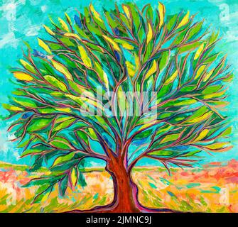 Oil painting landscape, colorful bright abstract tree. Stock Photo