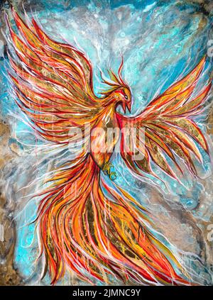 Phoenix fiery bird. Artwork painted by gold and mixed technique. Stock Photo