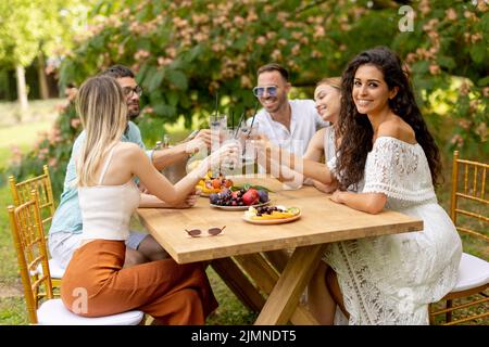 Group of young people cheering with fresh lemonade and eating fruits in the garden Stock Photo