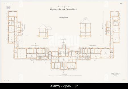 Unknown architect, University of Greifswald. Psychiatric and nerve clinic (1907): floor plan ground floor, cross -sections 1: 100. Lithograph, 80.1 x 122.3 cm (including scan edges) Stock Photo