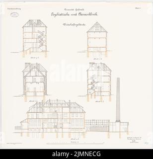 Unknown architect, University of Greifswald. Psychiatric and nerve clinic (1907): longitudinal section, cross -sections 1: 100. Lithograph, 81.4 x 83.6 cm (including scan edges) Stock Photo