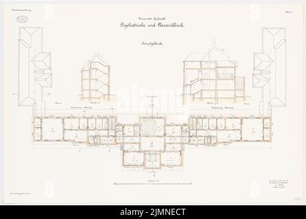 Unknown architect, University of Greifswald. Psychiatric and nerve clinic (1907): floor plan upper floor, cross -sections 1: 100. Lithograph, 82.2 x 122.1 cm (including scan edges) Stock Photo