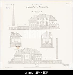 Unknown architect, University of Greifswald. Psychiatric and nerve clinic (1907): Northern view and southern view, western view and east view 1: 100. Lithograph, 81.3 x 84.3 cm (including scan edges) Stock Photo