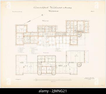 Unknown architect, agricultural experimental institution, Bromberg. Main building (04.1906): floor plan basement top floor 1: 100. Lithograph colored, 79.7 x 96.2 cm (including scan edges) Stock Photo