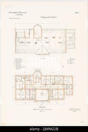 Unknown architect, agricultural experimental institution, Bromberg. Animal hygienic institute (04.1906): floor plan basement top floor 1: 100. Lithograph colored, 79.8 x 55.9 cm (including scan edges) Stock Photo
