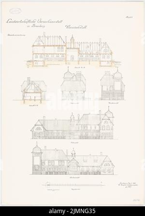 Unknown architect, agricultural experimental institution, Bromberg. Kleinviehstall (04.1906): south view, north view, east view, west view 1: 100. Lithograph colored, 79.3 x 56 cm (including scan edges) Stock Photo