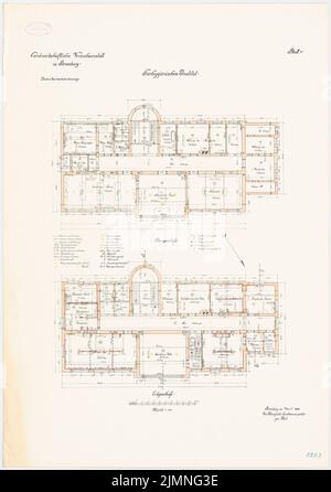 Unknown architect, agricultural experimental institution, Bromberg. Tierhygienisches Institut (04.1906): floor plan ground floor upstairs 1: 100. Lithograph colored, 79.1 x 55.8 cm (including scan edges) Stock Photo