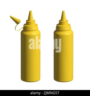 Realistic detailed 3d Mustard squeeze bottle with splatter on white background illustration Stock Photo