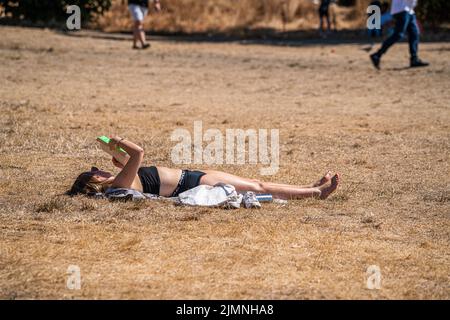 Wimbledon, London, UK. 7 August 2022  People are out enjoying the warm sunshine on a parched grass on Wimbledon Common  on another  hot day  as the UK's heatwave and drought continues into August, with temperatures expected to reach  above 30celsius  by next week Credit. amer ghazzal/Alamy Live News Stock Photo