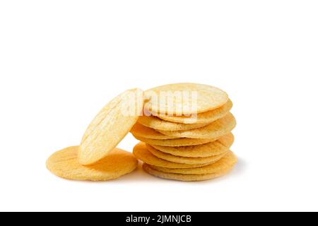Round Crackers biscuits isolated on white background, Dry cracker cookies isolated, snack and fastfood concept Stock Photo