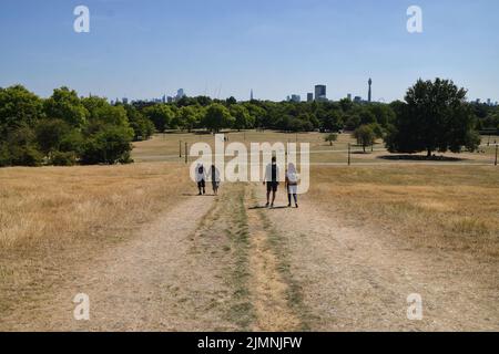 London, England, UK. 7th Aug, 2022. People walk on a parched Primrose Hill as heatwaves and drought conditions caused by man-made climate change continue acros the UK. (Credit Image: © Vuk Valcic/ZUMA Press Wire) Stock Photo