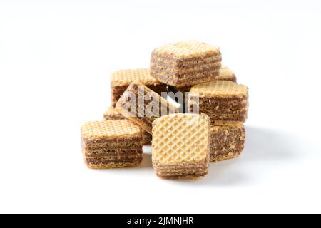 square chocolate wafer biscuits isolated on white background, bakery and snack concept Stock Photo