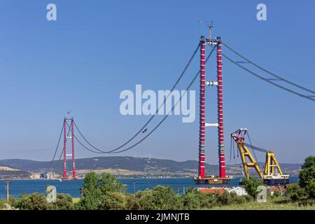 Construction of 1915 Canakkale Bridge on Dardanelles Strait in Turkey. Stock Photo
